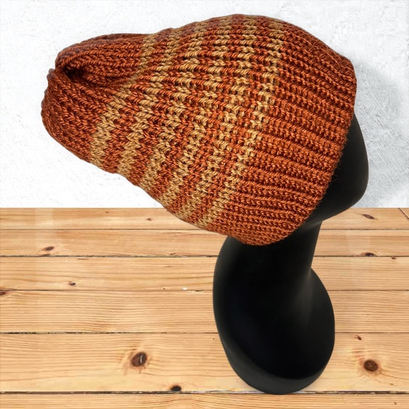 Handmade Knit Off-The-Yak Beanie Unisex Wool Yak Blend Deep Orange w/ Fawn Brown - Picture 4 of 10